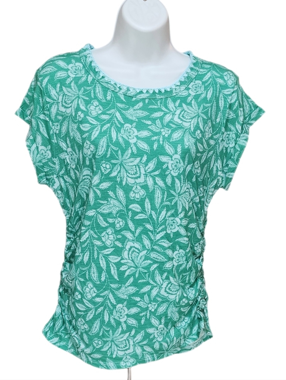 Democracy Crewneck Roll Cuff Cap Sleeves Floral Print Ruched Top Marine Green S